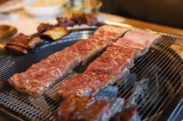 Korean traditional BBQ food. raw beef ribs