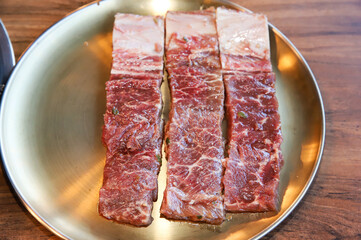 Korean traditional BBQ food. raw beef ribs