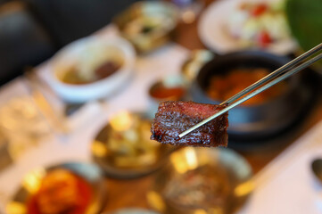 Korean traditional BBQ food. raw beef ribs