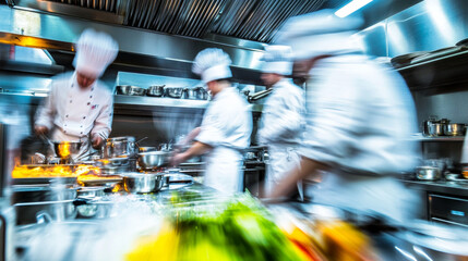 Obraz premium Two chefs in a professional kitchen are working together, their movements creating a blurred effect. The stainless steel counters and equipment reflect the kitchen's intensity