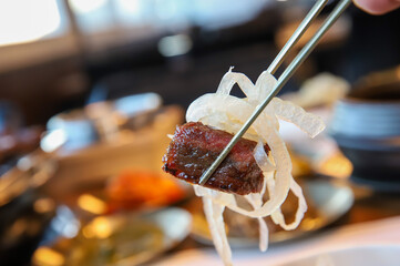 Korean traditional BBQ food. raw beef ribs