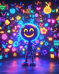 A colorful, cartoonish character with a glowing smile stands against a vibrant backdrop of neon icons and shapes, radiating joy and creativity.