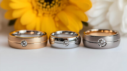 Naklejka premium Three wedding rings, gold, silver, grey, flowers