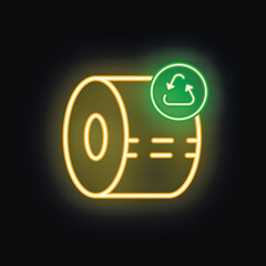 Neon sign style icon of a paper roll being recycled with a green circular economy symbol
