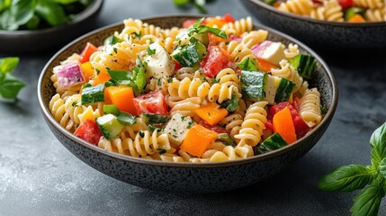 Bowl of colorful pasta salad with fresh vegetables and dressing served on a wooden table