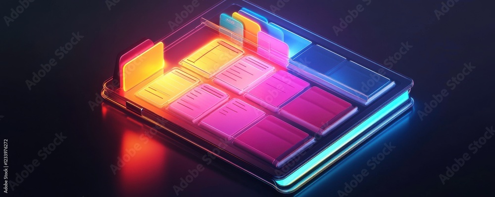 Poster a vibrant, illuminated composition featuring colorful blocks on a dark surface, creating a modern an