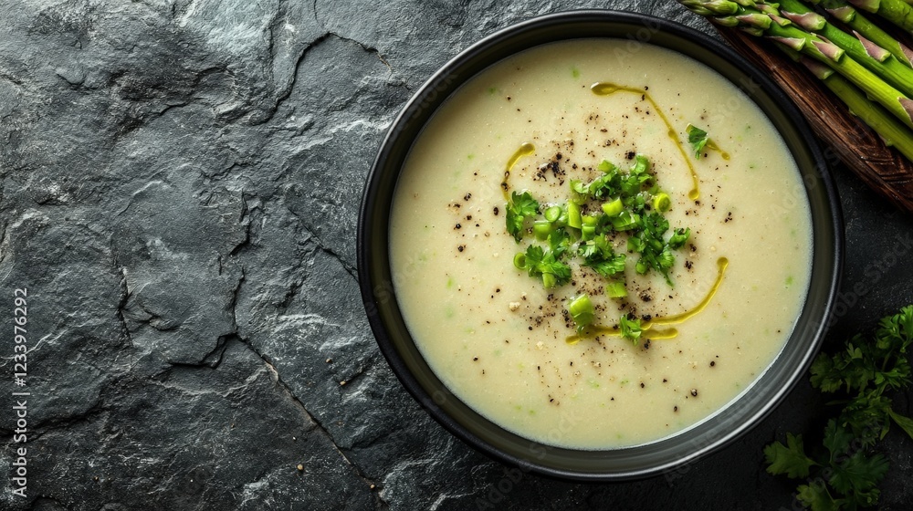 Poster bowl of soup with asparagus and parsley on a wooden table with a rustic setting and natural lighting
