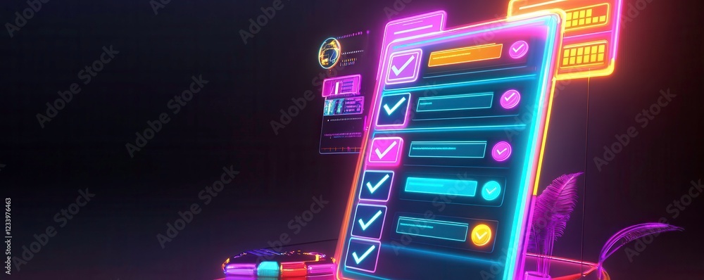 Poster a vibrant, futuristic interface displaying checklist items with glowing neon accents, ideal for digi