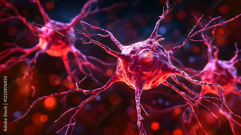 Poster a vibrant, abstract representation of neurons with intricate connections, showcasing their structure