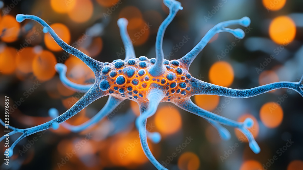 Poster an intricate close-up of a neuron with glowing blue and orange details, showcasing its unique struct