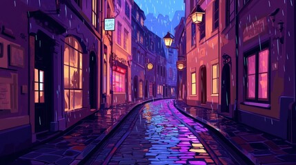 Fototapeta premium Rainy Night Cobblestone Street, Cityscape, Twilight, Illustration