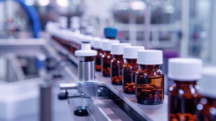 Pharmaceutical production line with amber bottles of capsules