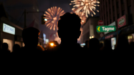 people walking in the city at night, celebration vibe, fire works day