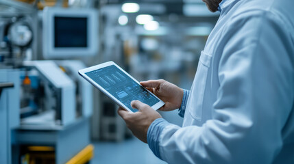 Smart industry 4.0 mangement control system concept.Hands holding tablet on blurred Chemical plant refinery industrial equipment as background