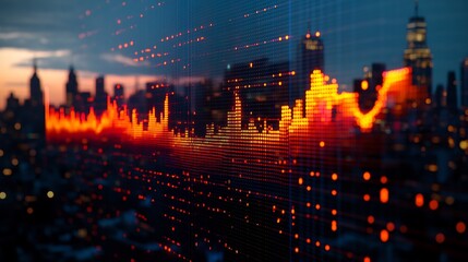 Fototapeta premium Dynamic Cityscape Stock Image: Vibrant orange graph overlays nighttime city showing market trends. AI Generated