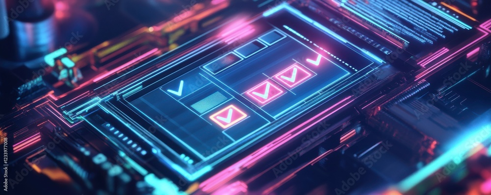 Poster a vibrant, futuristic digital interface features glowing checkmarks and icons on a circuit board, sy