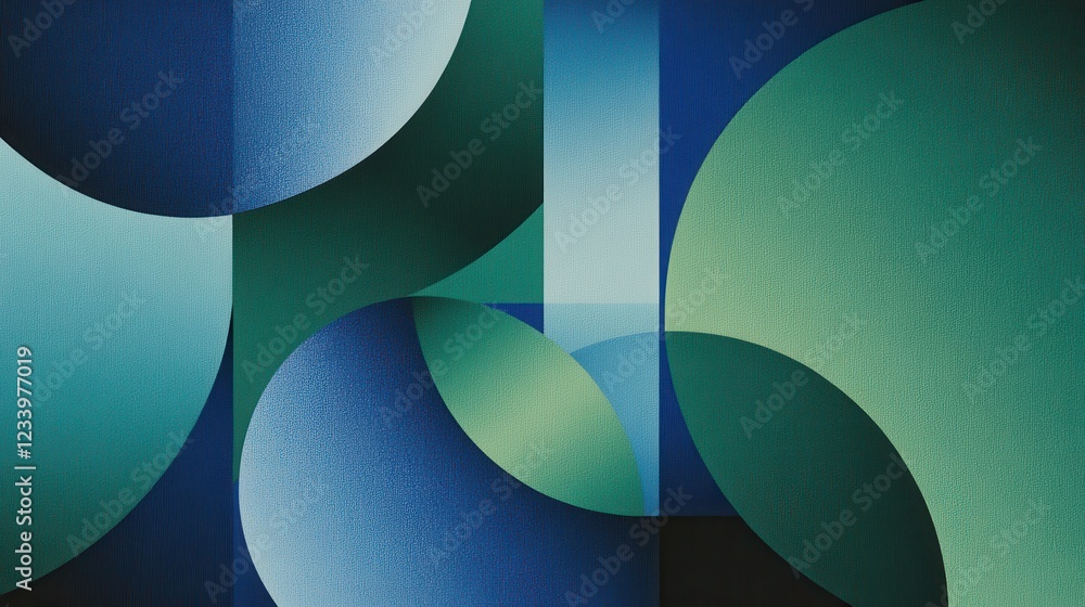 Poster an abstract grainy gradient background featuring minimalistic geometric shapes in blue and green hue