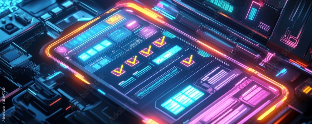 Poster a vibrant, futuristic smartphone interface surrounded by glowing circuitry and technology elements, 