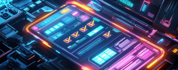 A vibrant, futuristic smartphone interface surrounded by glowing circuitry and technology elements, featuring various task indicators.