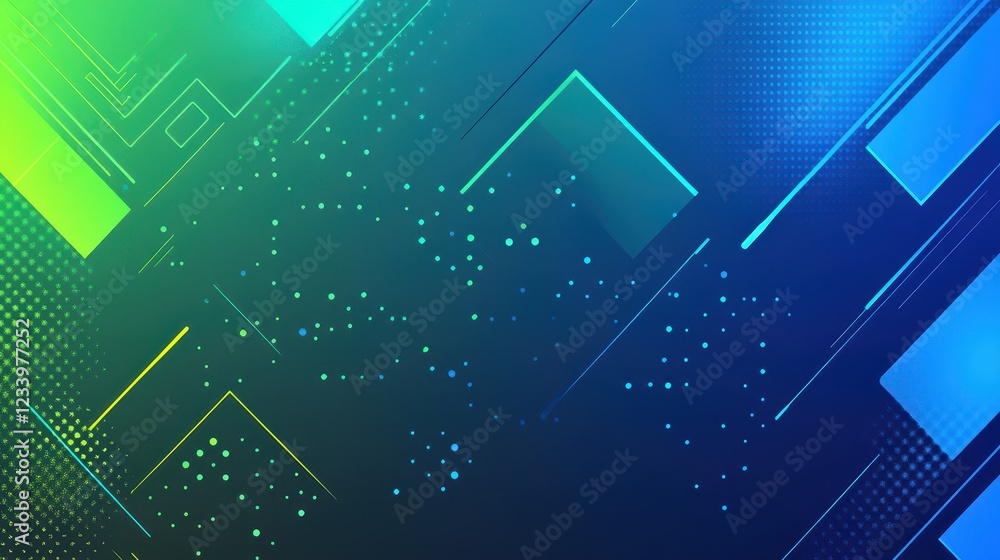 Poster An abstract grainy gradient background featuring minimalistic geometric shapes in blue and green hues. 
