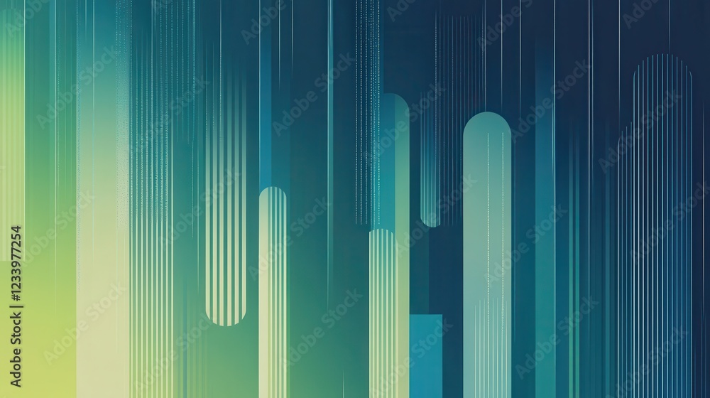 Poster an abstract grainy gradient background featuring minimalistic geometric shapes in blue and green hue