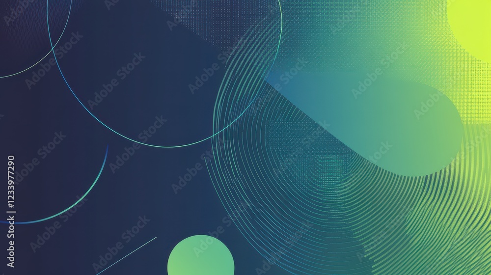 Poster an abstract grainy gradient background featuring minimalistic geometric shapes in blue and green hue