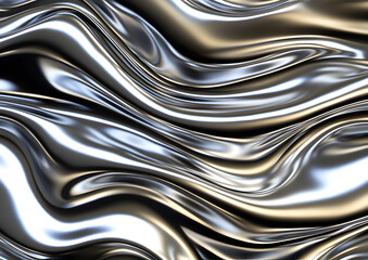 Metallic surface flows with intricate waves, reflecting light in a smooth texture