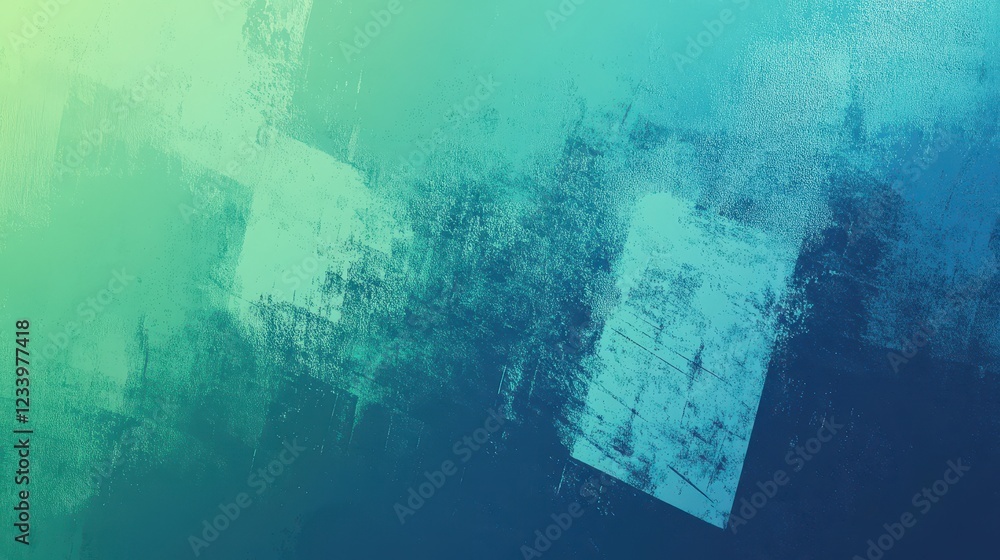 Poster an abstract grainy gradient background featuring minimalistic geometric shapes in blue and green hue
