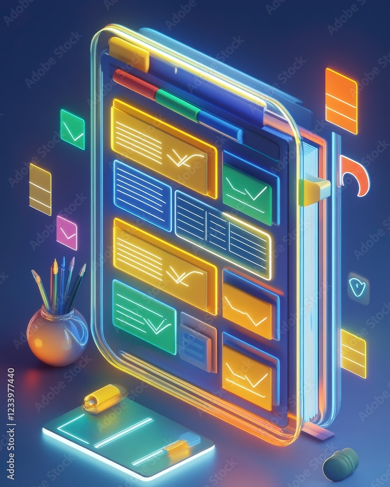 Poster a glowing digital notebook with colorful notifications and a pen holder, surrounded by glowing icons