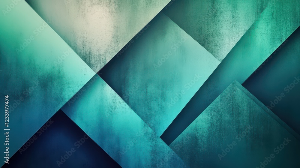 Poster an abstract grainy gradient background featuring minimalistic geometric shapes in blue and green hue