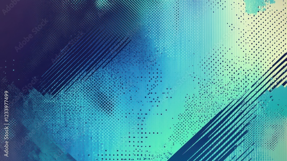 Poster an abstract grainy gradient background featuring minimalistic geometric shapes in blue and green hue