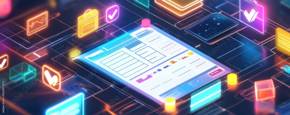 Poster a digital interface featuring a tablet surrounded by colorful icons, symbolizing data management and