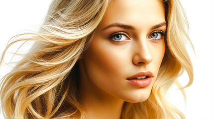 Obraz premium Portrait of a delightful beauty with blue eyes and blonde wave hair. The model poses in front of the camera close-up.