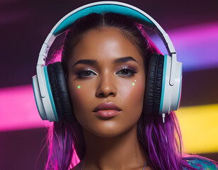 Smiling Woman with Headphones in Neon Lighting
