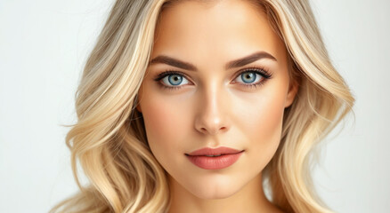 Portrait of a delightful beauty with blue eyes and blonde long hair. The model poses in front of the camera close-up.