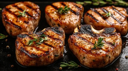 Pan of cooked chicken breasts garnished with fresh herbs ready for serving in a home kitchen