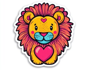 Cute lion cub holding heart, vibrant mane, white background; kids' book illustration