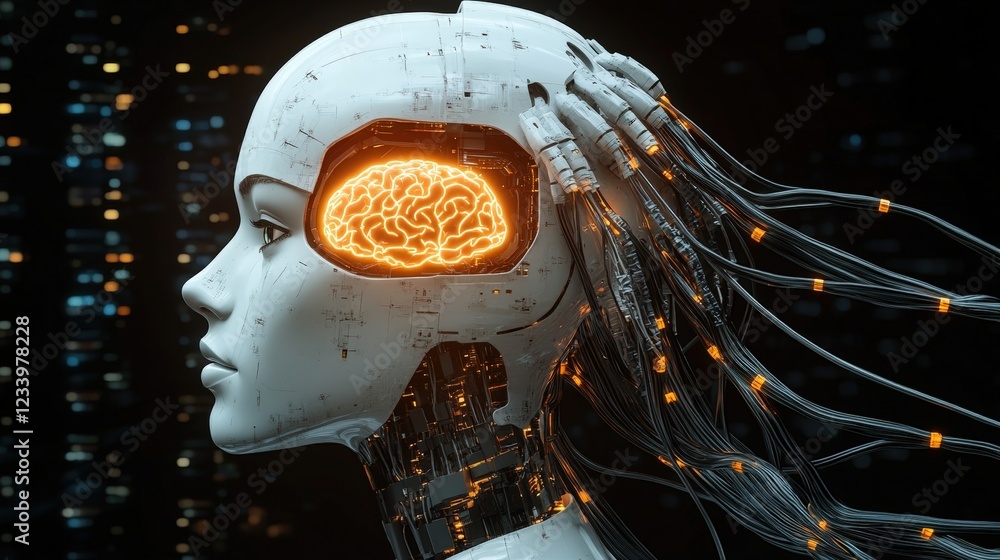 Poster robot head with visible brain structure showcasing artificial intelligence and technological innovat