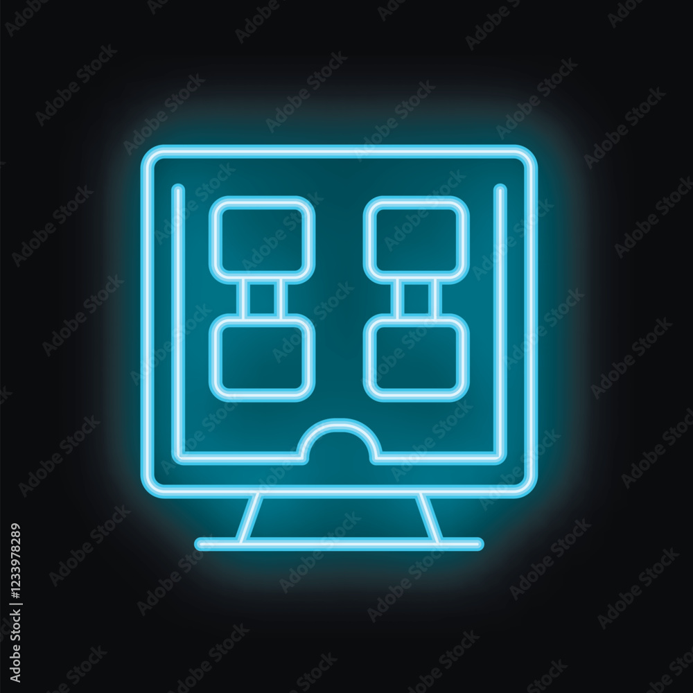Poster blue neon glowing icon of a computer displaying a flowchart, symbolizing programming, software devel