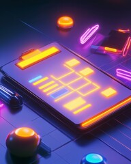 A vibrant, neon-lit gaming interface with colorful buttons and a sleek design, showcasing modern technology and playful elements.