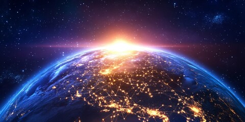 Planet earth glowing at sunrise showing global communication network connections