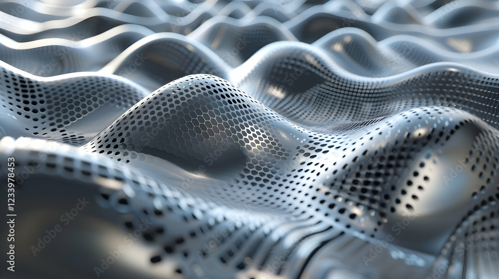 Poster abstract representation of wavy metallic patterns with perforations.