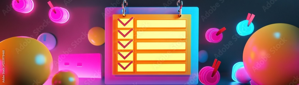 Poster a vibrant checklist on a colorful background, symbolizing tasks completed and organization in a mode