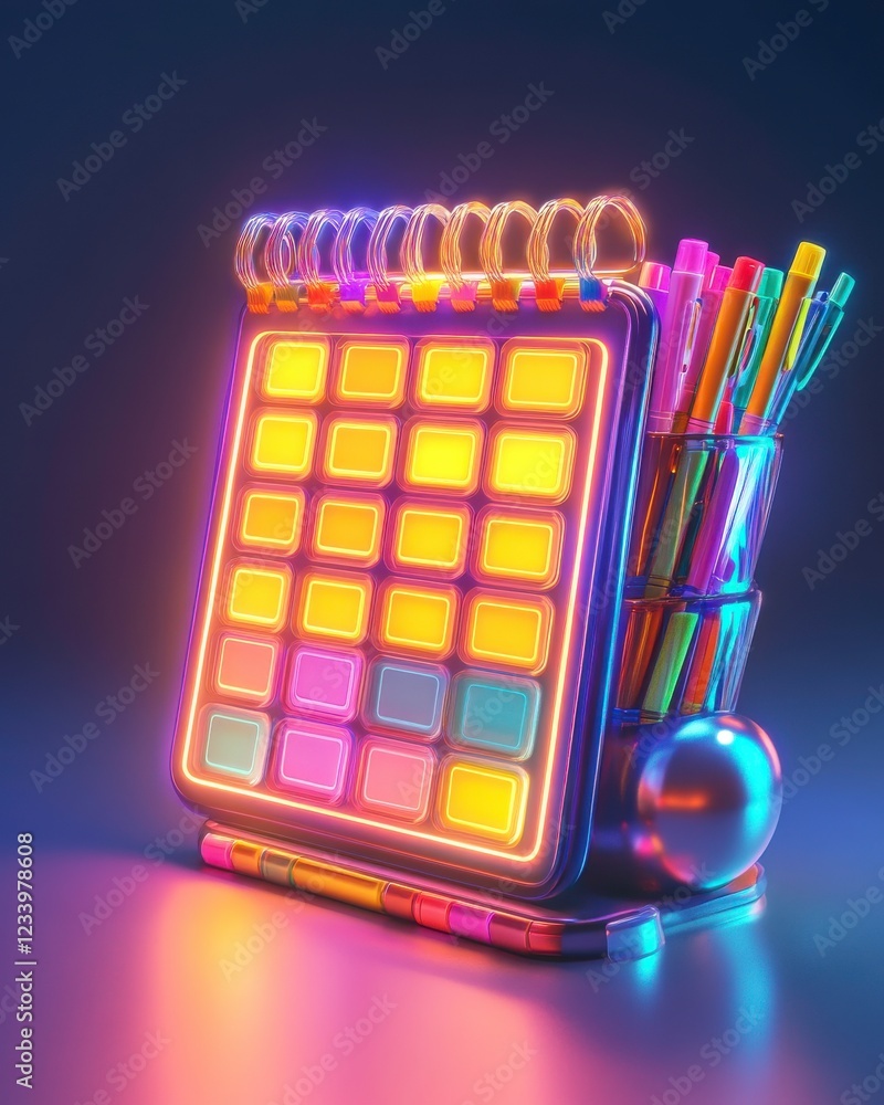 Poster a vibrant, neon-lit notepad with colorful squares and pens, creating a visually striking and playful