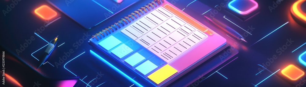 Poster a vibrant, futuristic digital interface featuring a microchip with colorful elements and data displa