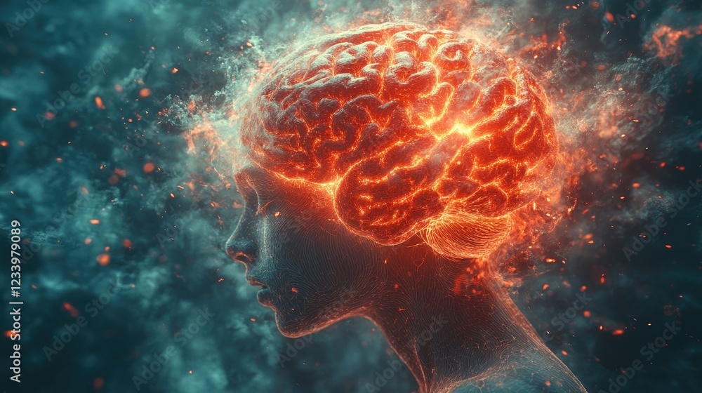 Aufkleber womans head with illuminated brain showcasing cognitive functions and creativity concept
