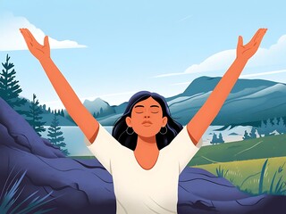 Woman in nature finds peace and serenity embracing the landscape