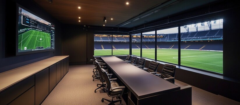 Modern stadium suite with table, monitor, and stadium view.