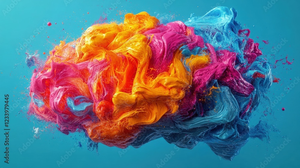 Poster colorful paint splashes creating abstract patterns on a blue background for artistic design
