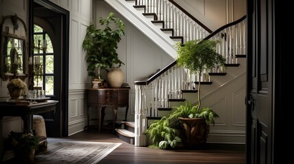 Elegant Grand Staircase Interior Design with Lush Greenery and Antique Furniture